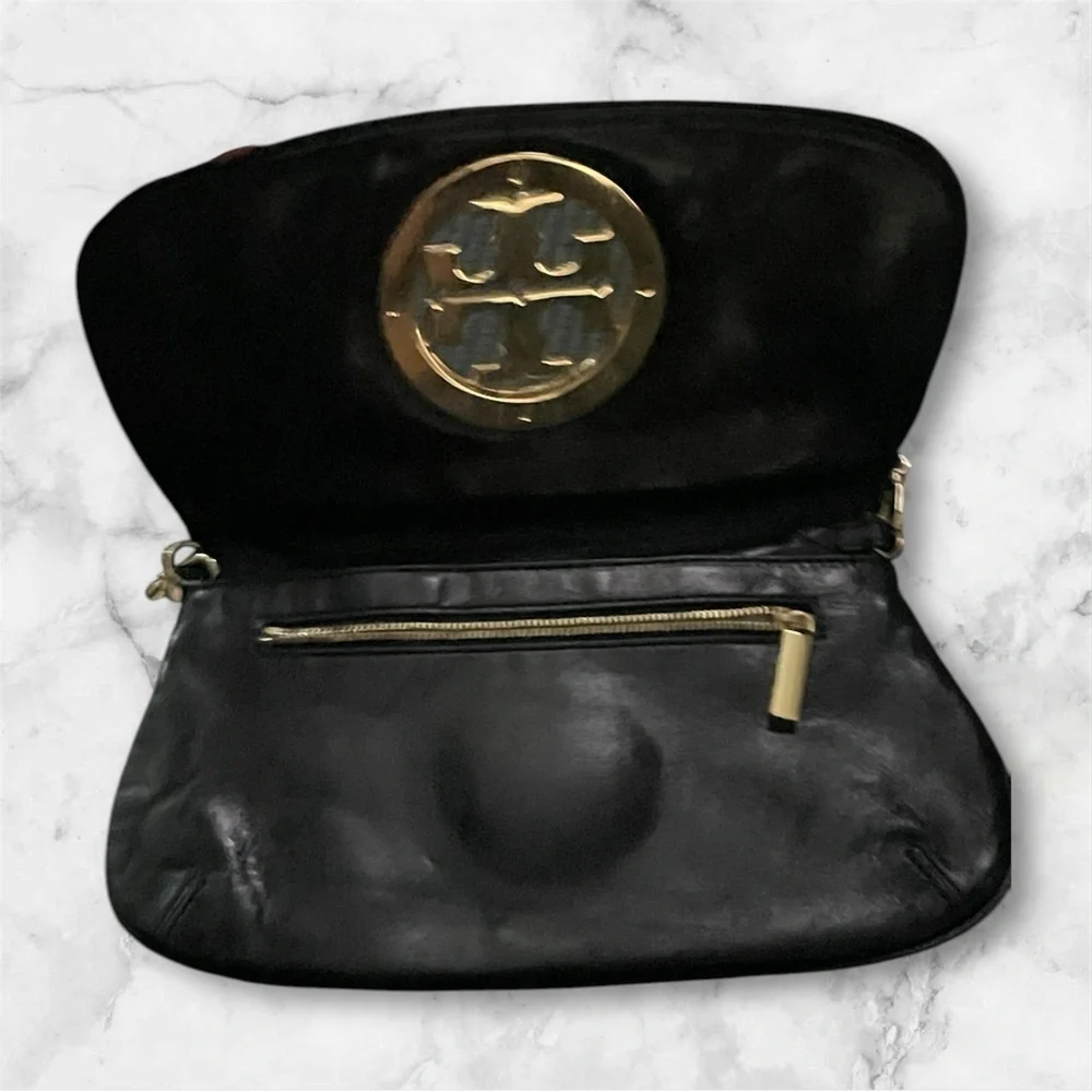 Tory Burch Black and Gold Clutch with Chain Strap